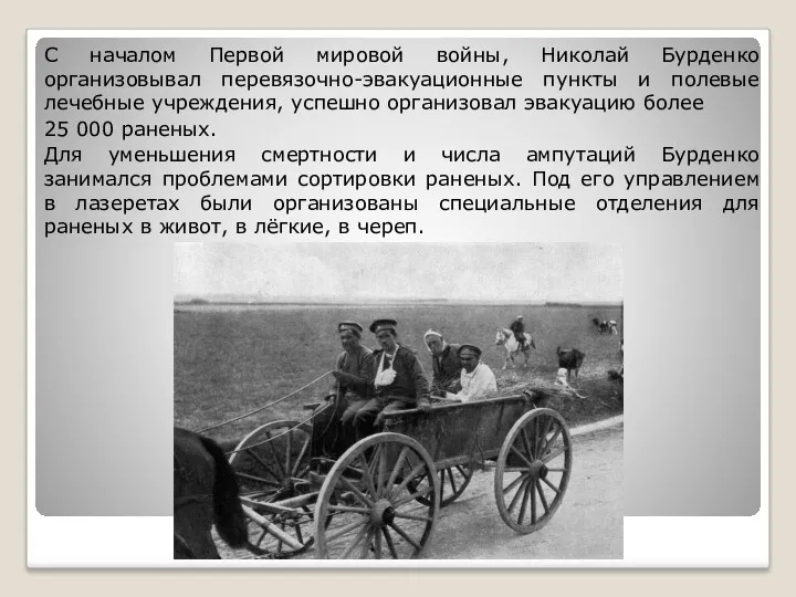 С началом Первой мировой войны, Николай Бурденко организовывал перевязочно-эвакуационные пункты