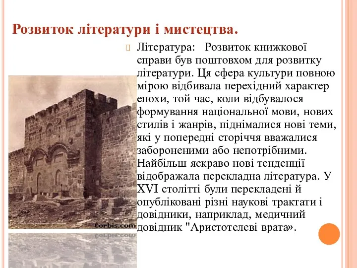 Розвиток літератури і мистецтва. Література: Розвиток книжкової справи був поштовхом