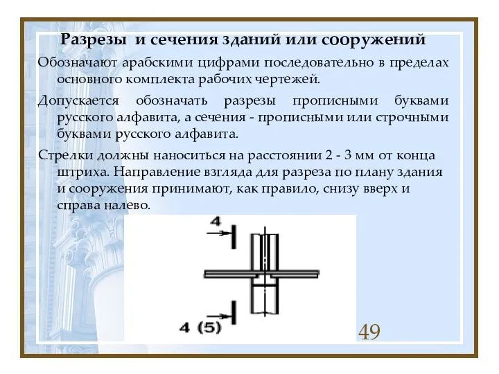 Разрезы и сечения зданий или сооружений Обозначают арабскими цифрами последовательно в пределах основного