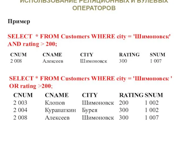 ИСПОЛЬЗОВАНИЕ РЕЛЯЦИОННЫХ И БУЛЕВЫХ ОПЕРАТОРОВ Пример SELECT * FROM Customers WHERE city =