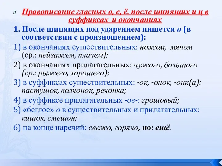 Правописание гласных о, е, ё. после шипящих и ц в