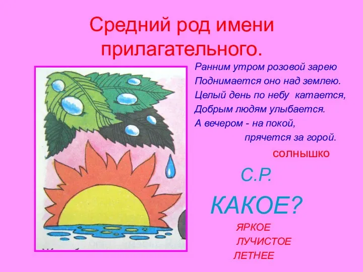 Средний род имени прилагательного. Ранним утром розовой зарею Поднимается оно