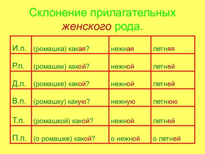 Склонение прилагательных женского рода.