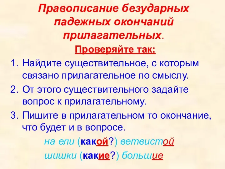 Правописание безударных падежных окончаний прилагательных. Проверяйте так: Найдите существительное, с