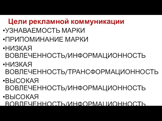 Цели рекламной коммуникации УЗНАВАЕМОСТЬ МАРКИ ПРИПОМИНАНИЕ МАРКИ НИЗКАЯ ВОВЛЕЧЕННОСТЬ/ИНФОРМАЦИОННОСТЬ НИЗКАЯ ВОВЛЕЧЕННОСТЬ/ТРАНСФОРМАЦИОННОСТЬ ВЫСОКАЯ ВОВЛЕЧЕННОСТЬ/ИНФОРМАЦИОННОСТЬ ВЫСОКАЯ ВОВЛЕЧЕННОСТЬ/ИНФОРМАЦИОННОСТЬ