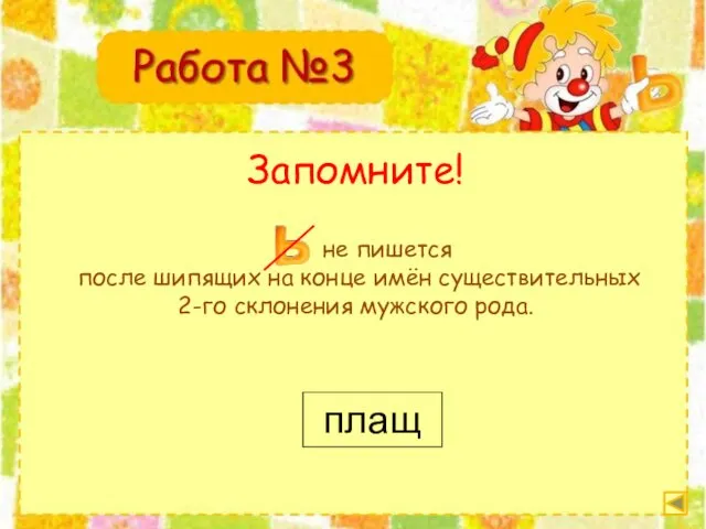 Запомните! не пишется после шипящих на конце имён существительных 2-го склонения мужского рода. плащ