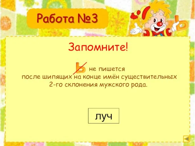 Запомните! не пишется после шипящих на конце имён существительных 2-го склонения мужского рода. луч