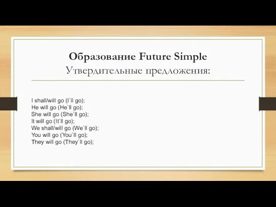 Образование Future Simple Утвердительные предложения: I shall/will go (I`ll go);