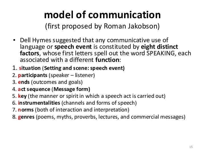 model of communication (first proposed by Roman Jakobson) Dell Hymes suggested that any