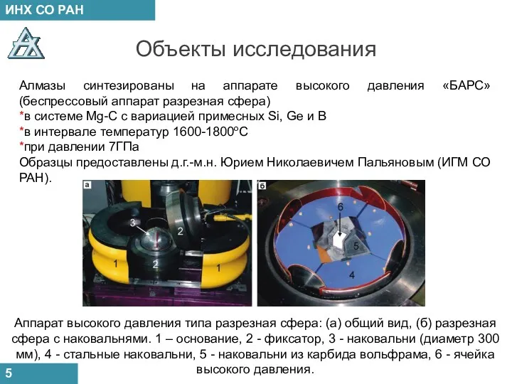 5 Объекты исследования Алмазы синтезированы на аппарате высокого давления «БАРС»