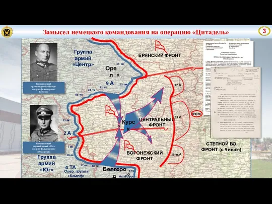 Замысел немецкого командования на операцию «Цитадель» Орел Белгород Группа армий