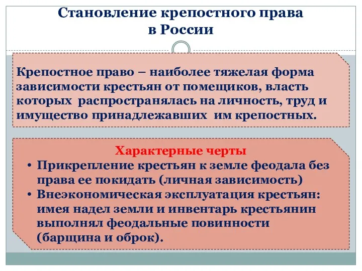 Становление крепостного права в России Крепостное право – наиболее тяжелая