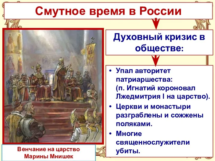 Смутное время в России Упал авторитет патриаршества: (п. Игнатий короновал