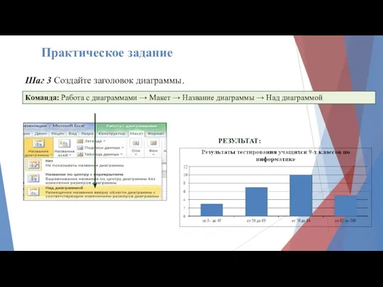 Шаг 3 Создайте заголовок диаграммы. Команда: Работа с диаграммами →