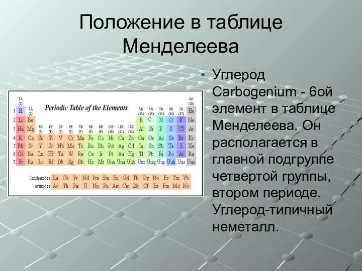 Положение в таблице Менделеева Углерод Carbogenium - 6ой элемент в таблице Менделеева. Он