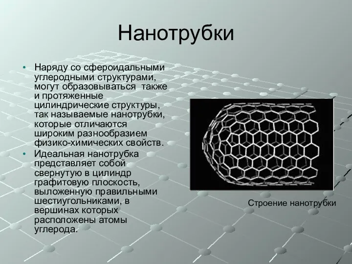 Нанотрубки Наряду со сфероидальными углеродными структурами, могут образовываться также и протяженные цилиндрические структуры,