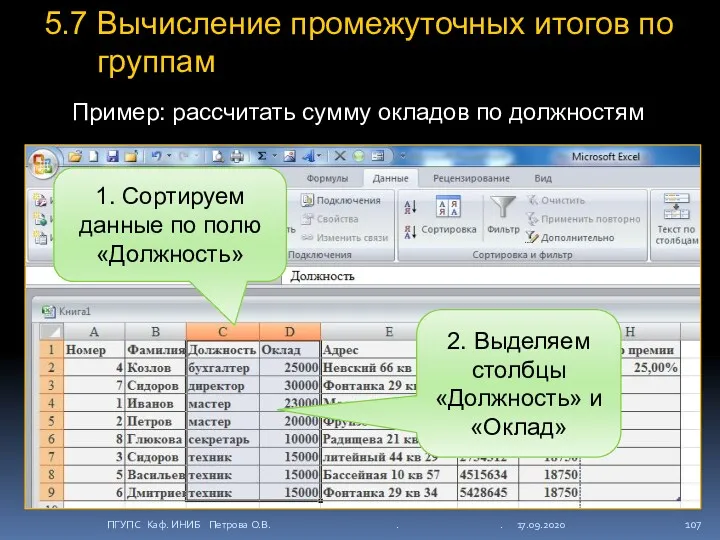 5.7 Вычисление промежуточных итогов по группам Пример: рассчитать сумму окладов