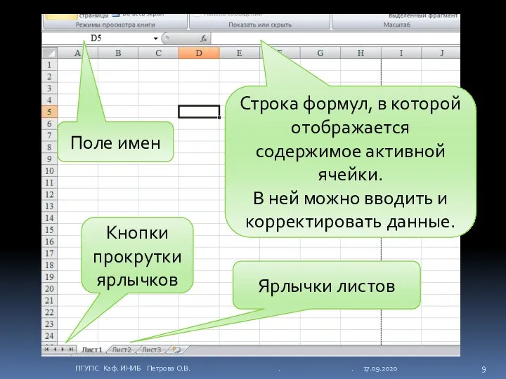 Поле имен Кнопки прокрутки ярлычков Ярлычки листов Строка формул, в