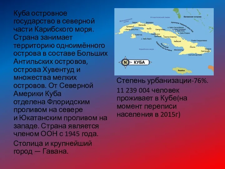 Куба островное государство в северной части Карибского моря. Страна занимает