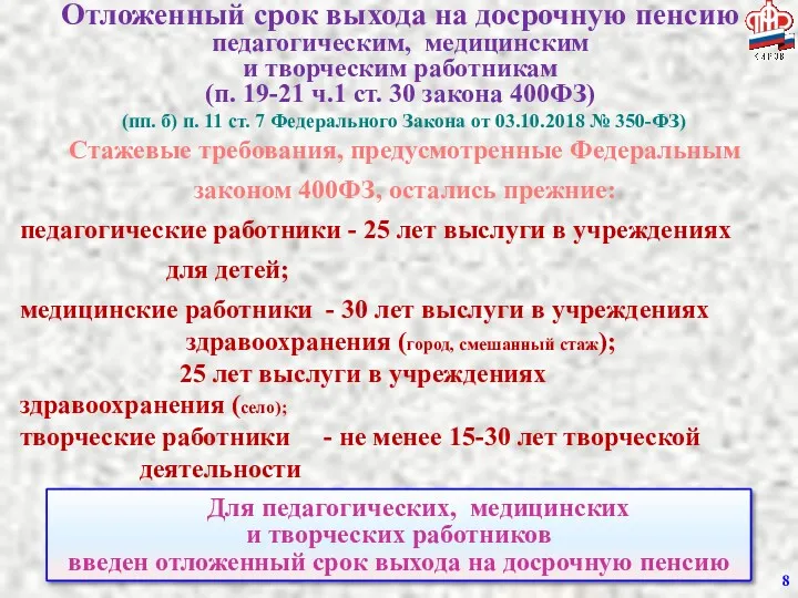 Отложенный срок выхода на досрочную пенсию педагогическим, медицинским и творческим