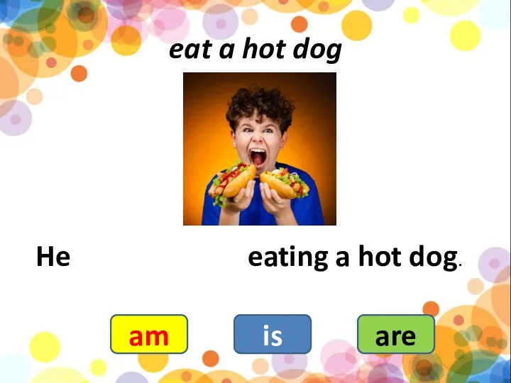 eat a hot dog He eating a hot dog. am is are