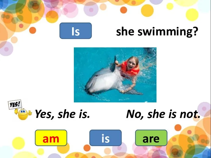 she swimming? am is are Yes, she is. No, she is not. Is