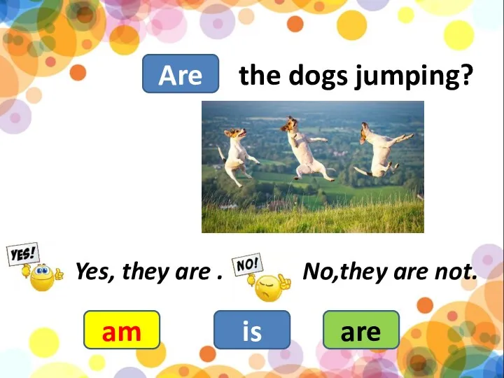 the dogs jumping? am is are Yes, they are . No,they are not. Are