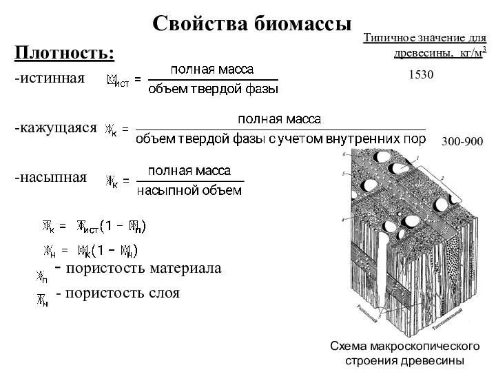 Свойства биомассы Плотность: -истинная -кажущаяся -насыпная - пористость материала -