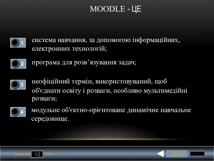 Далі 12 Завдання 1 бал. система навчання, за допомогою інформаційних,