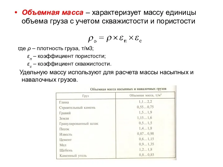 Объемная масса – характеризует массу единицы объема груза с учетом