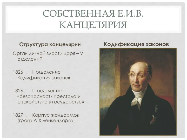 СОБСТВЕННАЯ Е.И.В. КАНЦЕЛЯРИЯ Структура канцелярии Орган личной власти царя –