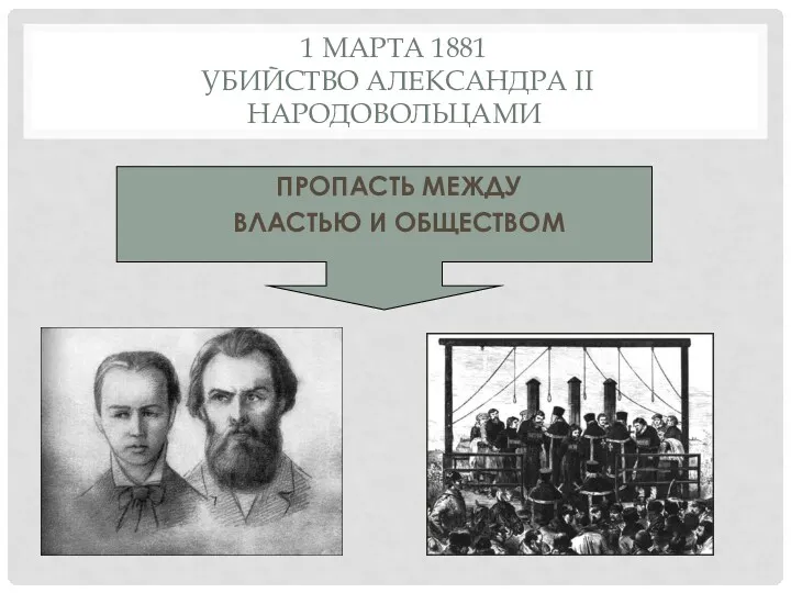 1 МАРТА 1881 УБИЙСТВО АЛЕКСАНДРА II НАРОДОВОЛЬЦАМИ ПРОПАСТЬ МЕЖДУ ВЛАСТЬЮ И ОБЩЕСТВОМ