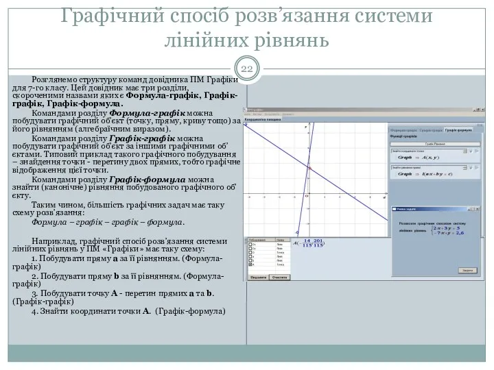 Графічний спосіб розв’язання системи лінійних рівнянь Розглянемо структуру команд довідника