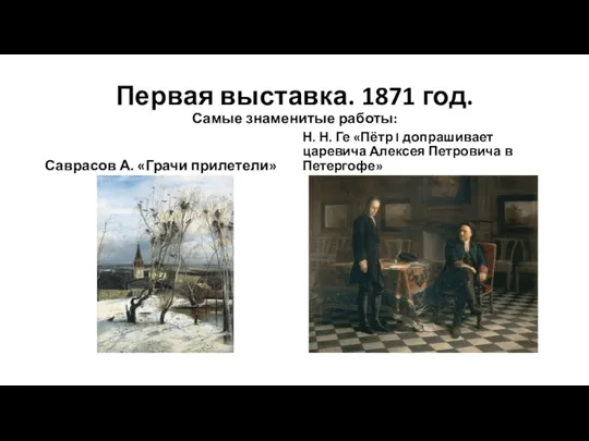 Первая выставка. 1871 год. Самые знаменитые работы: Саврасов А. «Грачи