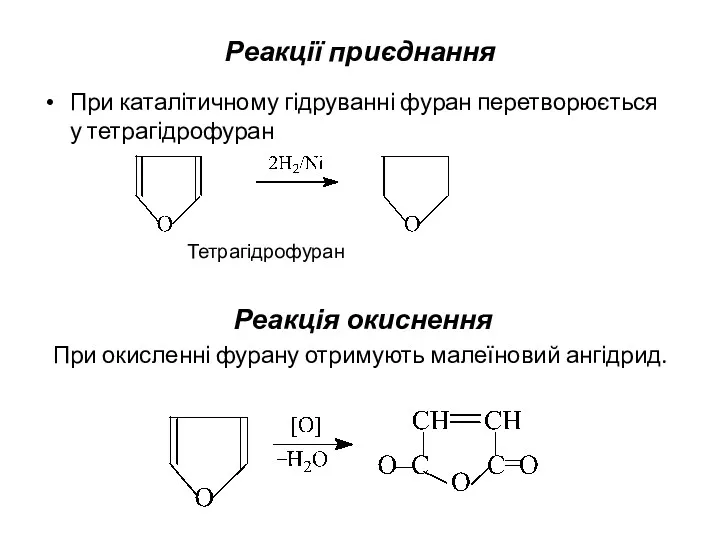 Реакції приєднання При каталітичному гідруванні фуран перетворюється у тетрагідрофуран Тетрагідрофуран
