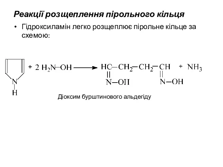 Реакції розщеплення пірольного кільця Гідроксиламін легко розщеплює пірольне кільце за схемою: Діоксим бурштинового альдегіду