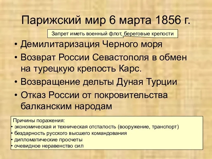 Парижский мир 6 марта 1856 г. Демилитаризация Черного моря Возврат России Севастополя в