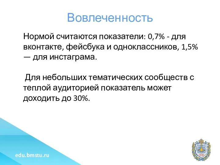 Вовлеченность Нормой считаются показатели: 0,7% - для вконтакте, фейсбука и