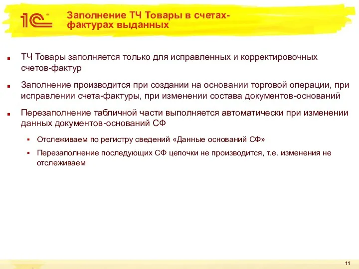 Заполнение ТЧ Товары в счетах-фактурах выданных ТЧ Товары заполняется только