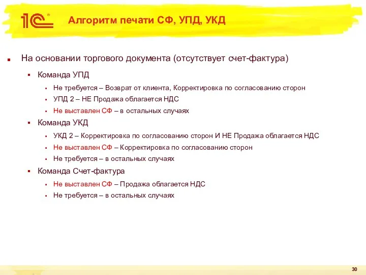 Алгоритм печати СФ, УПД, УКД На основании торгового документа (отсутствует