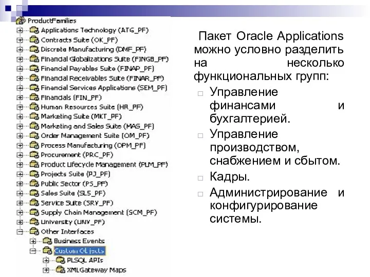 Пакет Oracle Applications можно условно разделить на несколько функциональных групп: Управление финансами и