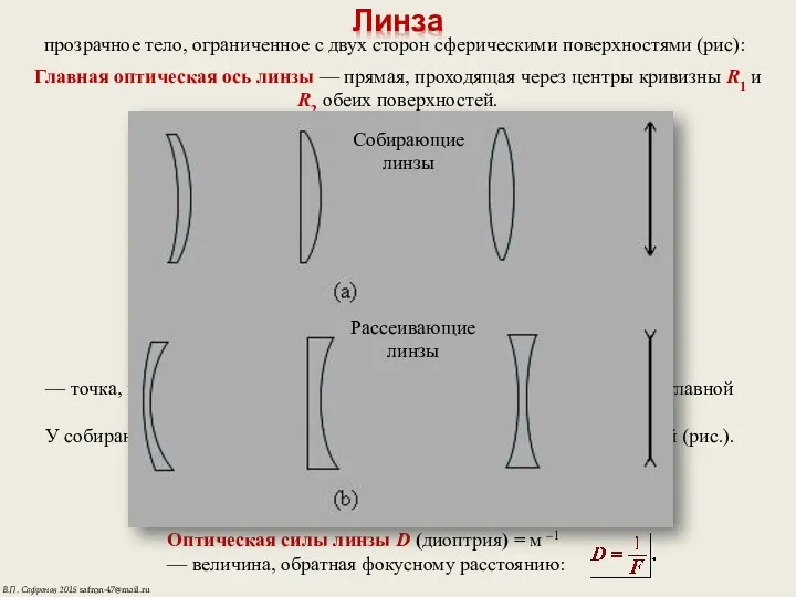 Линза прозрачное тело, ограниченное с двух сторон сферическими поверхностями (рис): Главная оптическая ось