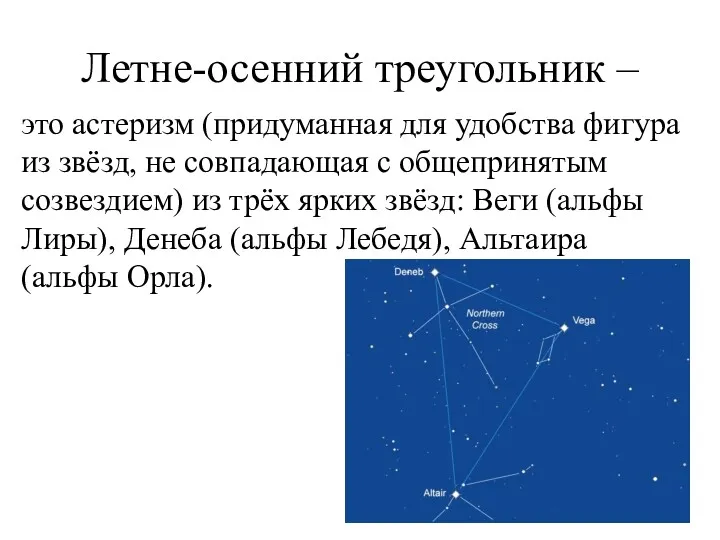 Летне-осенний треугольник – это астеризм (придуманная для удобства фигура из