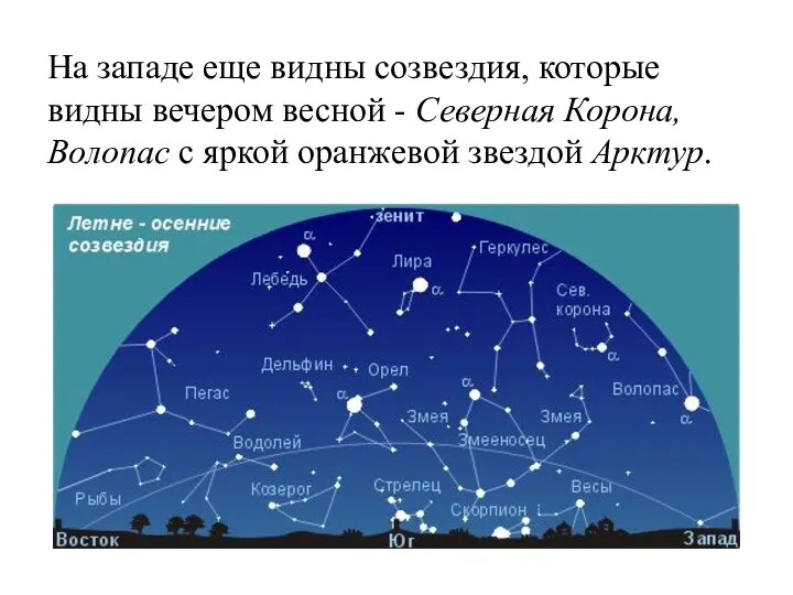 На западе еще видны созвездия, которые видны вечером весной -