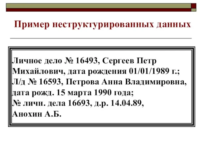 Пример неструктурированных данных Личное дело № 16493, Сергеев Петр Михайлович,