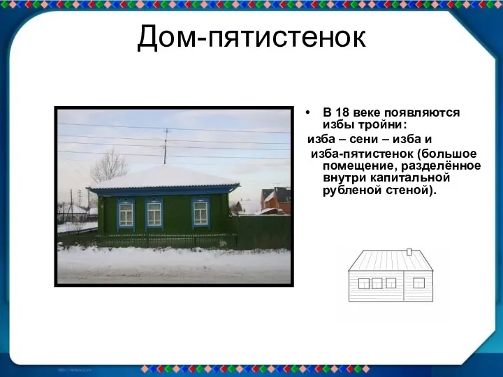 Дом-пятистенок В 18 веке появляются избы тройни: изба – сени