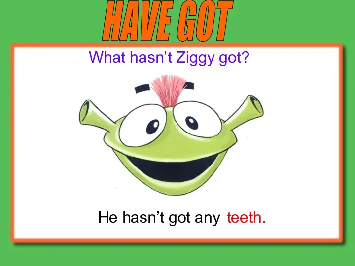 HAVE GOT He hasn’t got any What hasn’t Ziggy got? teeth.