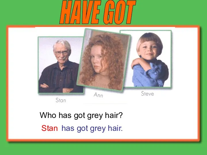 HAVE GOT Who has got grey hair? Stan has got grey hair.