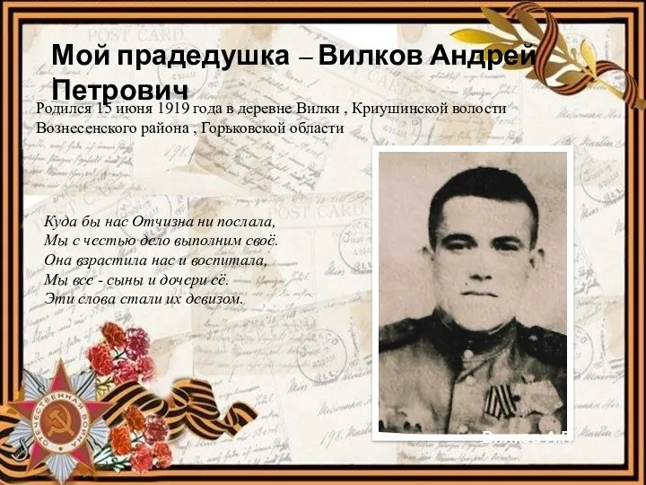 Мой прадедушка – Вилков Андрей Петрович . Родился 15 июня 1919 года в