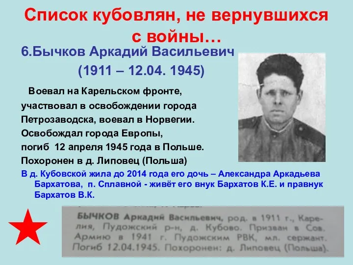 Список кубовлян, не вернувшихся с войны… 6.Бычков Аркадий Васильевич (1911
